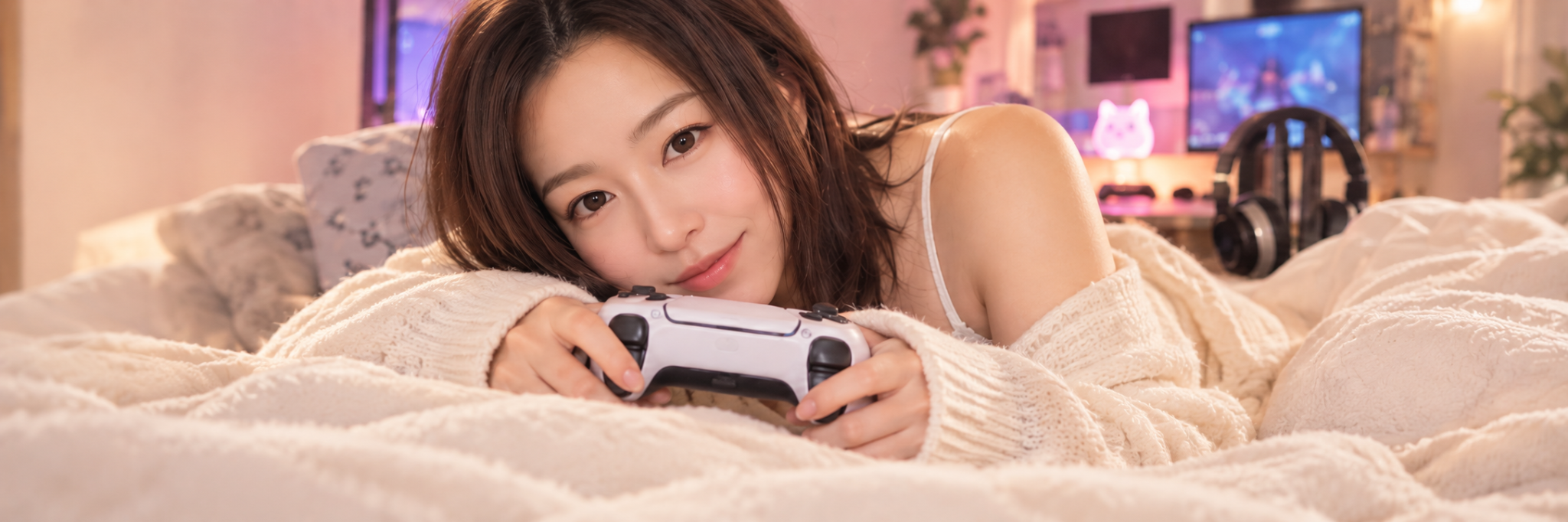 Maiko relaxing with a game controller in a cozy gaming room