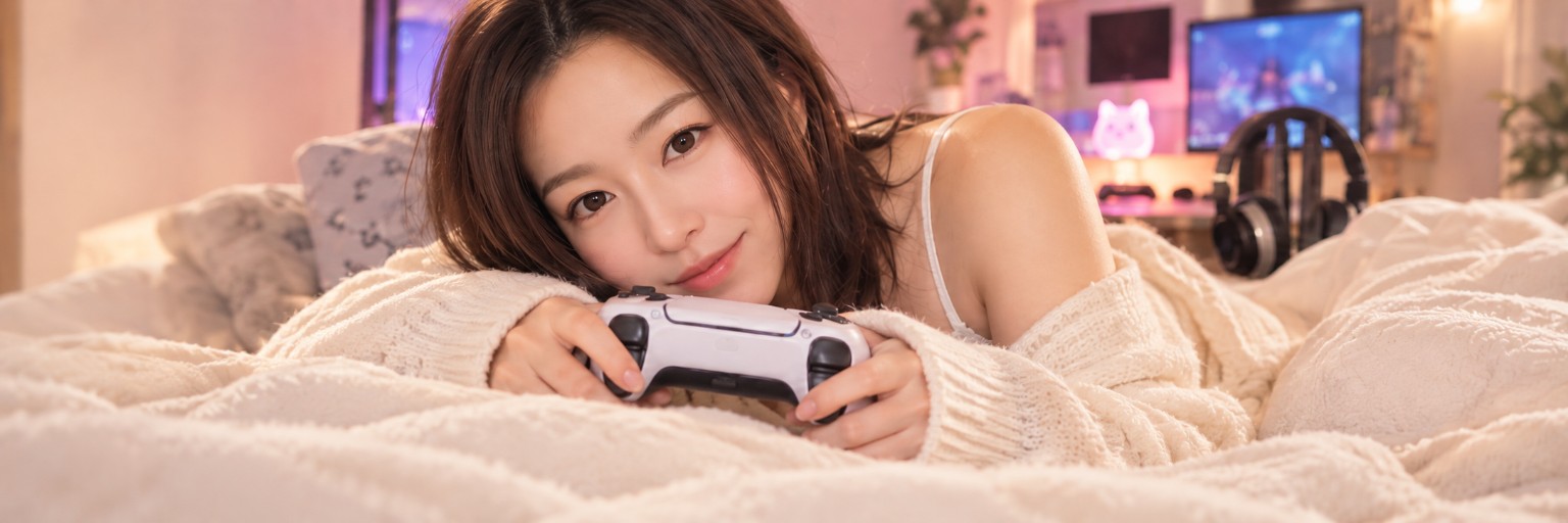 Maiko relaxing with a game controller in a cozy gaming room